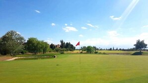 En golfbana med en flagga, träd och en klar himmel.