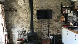 Una habitación acogedora con pared de piedra, un estufa de leña negra, una mesa de madera y un televisor montado en la pared.
