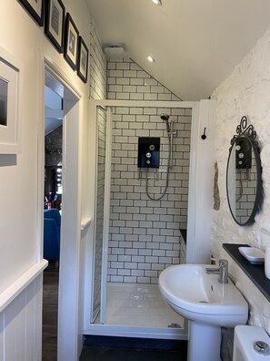 Hair dryer, towels, soap, shampoo