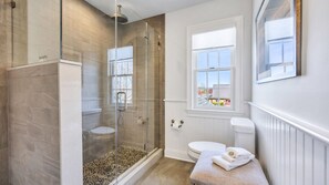 Shower, hair dryer, towels