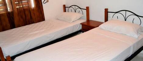 Two single beds with wooden frames and white bedding, a wooden nightstand between them, and a wooden door with blinds.