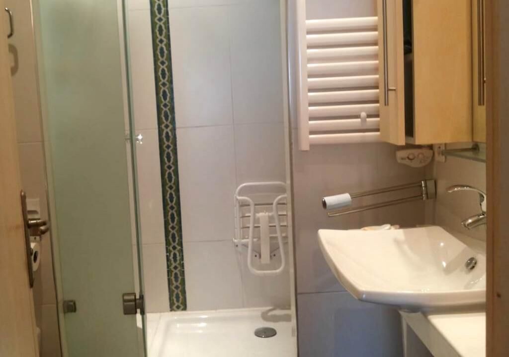 Un bagno con box doccia in vetro, un lavandino bianco e un porta asciugamani.