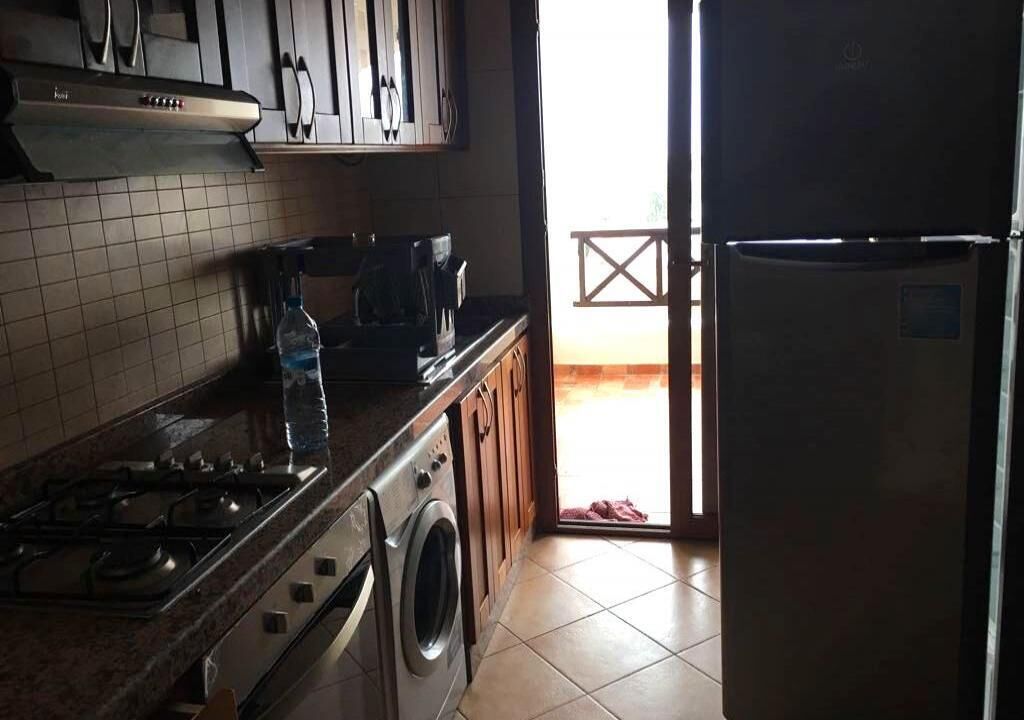 Een keuken met een gasfornuis, een wasmachine, een koelkast en een koffiezetapparaat.