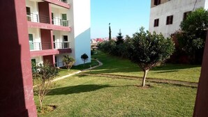 A courtyard with a grassy area, a small tree, and a pathway leading to a building with balconies. - Atlantic Ocean Residence 3041 (Asilah)