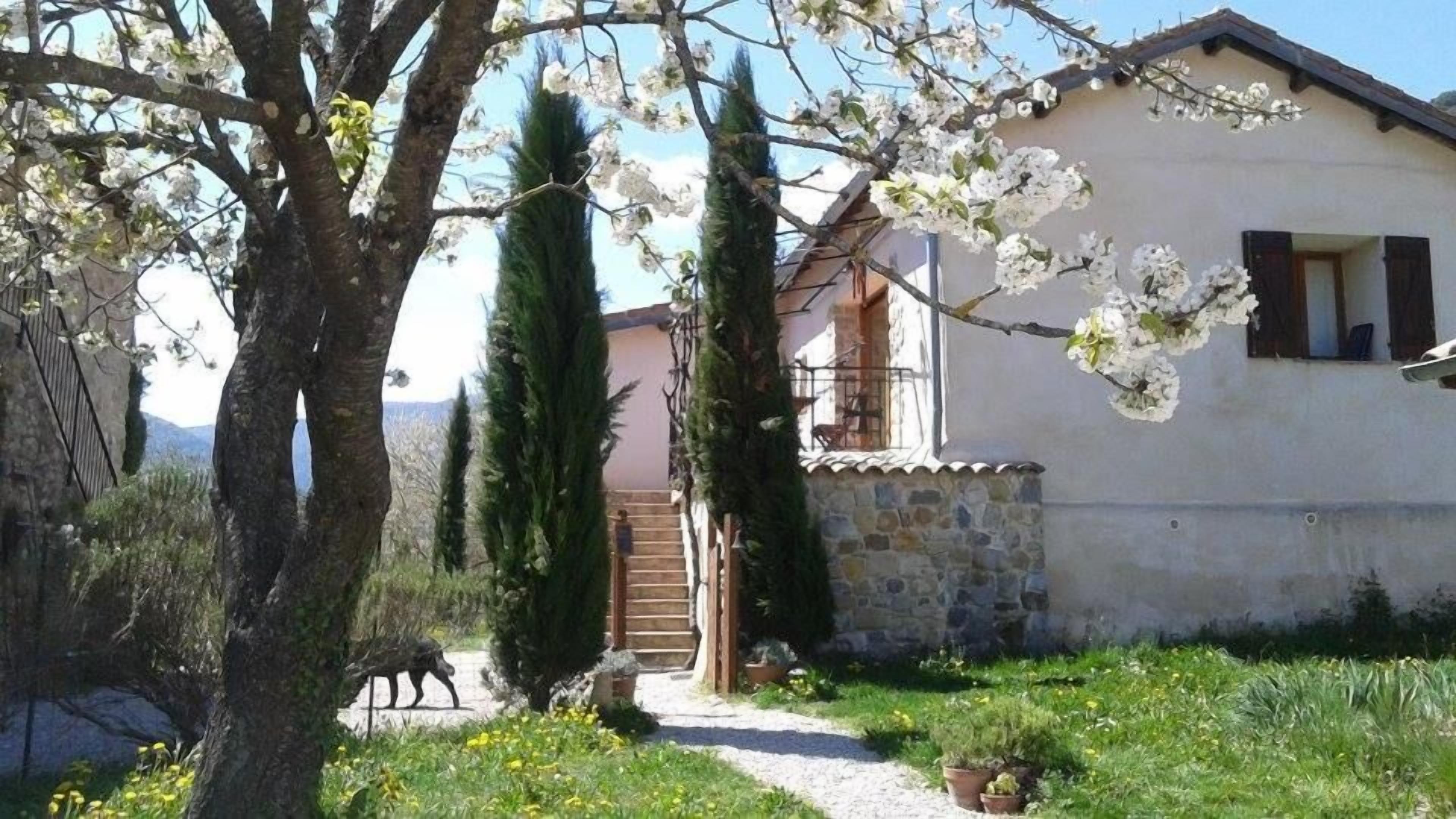 Uma casa rústica com fachada de pedra, uma escadaria de madeira que leva a uma porta e um jardim com árvores e plantas floridas.
