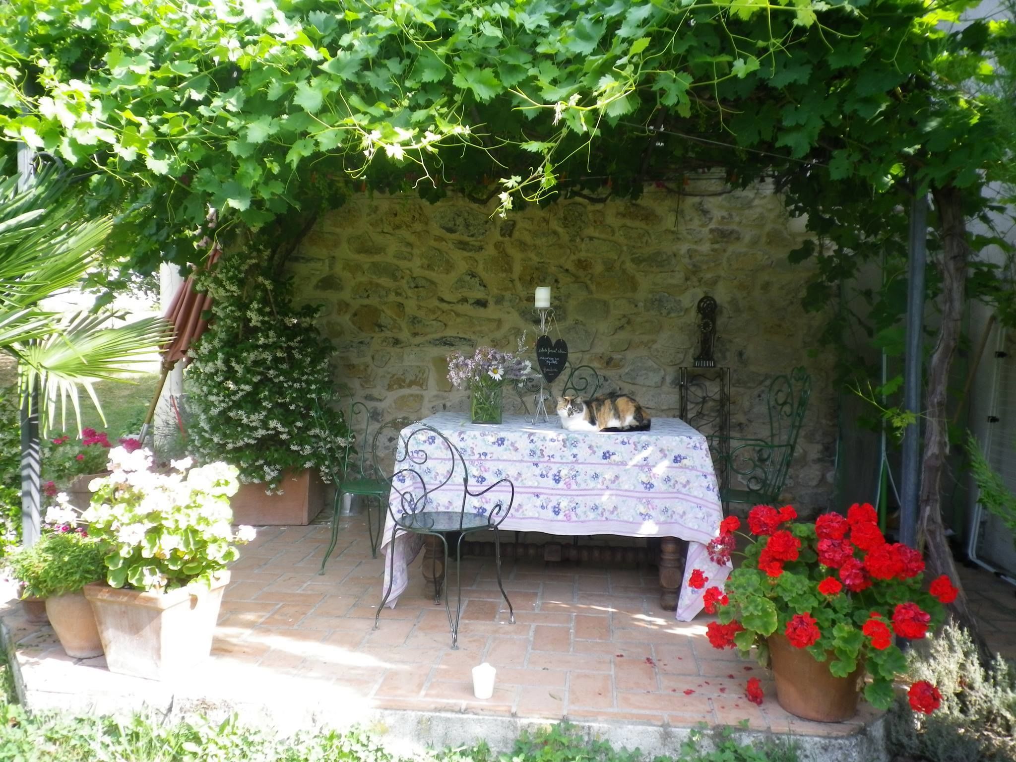 An outdoor patio with a table set for two, surrounded by potted plants and a stone wall.
