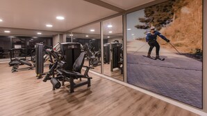 A modern gym with various exercise equipment, large mirrors, and a large wall mural. - Dall'Onder Ski Hotel (Garibaldi)