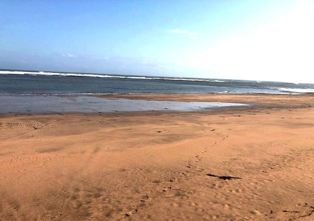 Ein Strand mit Fußspuren, die zum Wasser führen, ein klarer Himmel und Wellen in der Ferne.