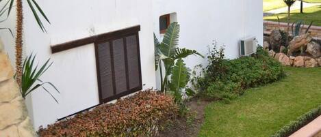 A white building with a window and a small door, surrounded by a well-maintained garden with grass, shrubs, and a palm tree.