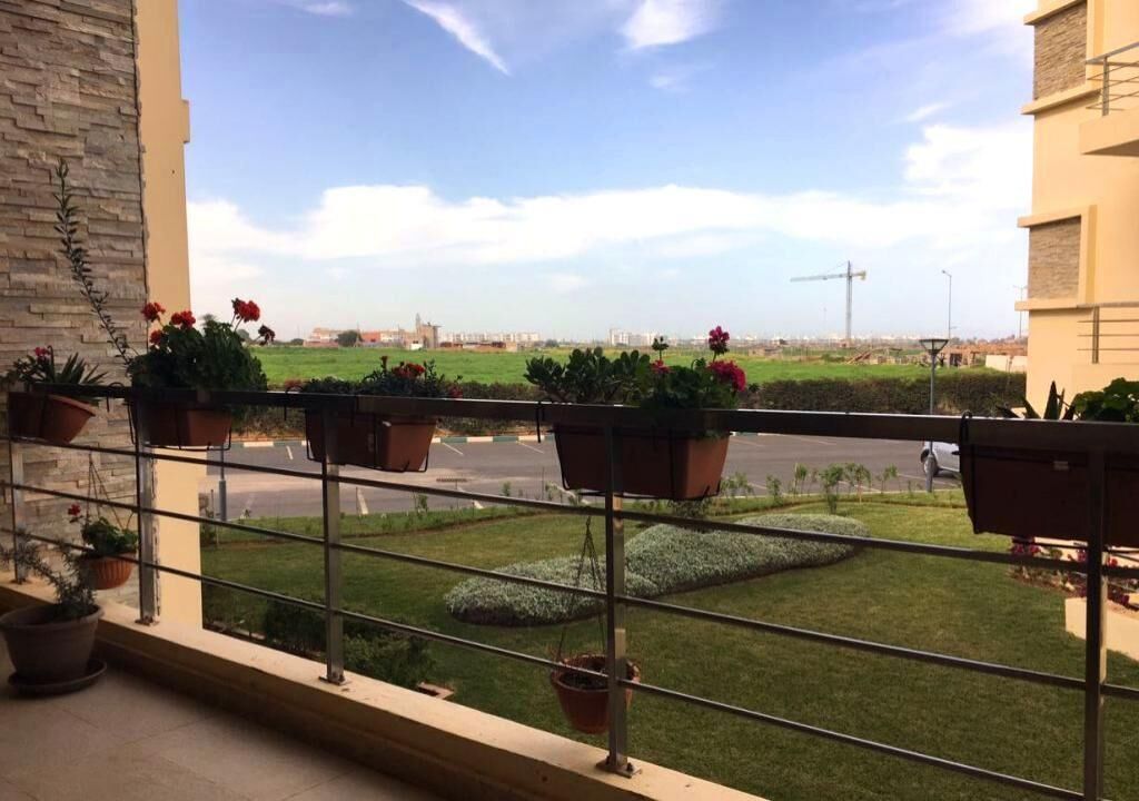 Un balcon agrémenté de plantes en pot, offrant une vue sur un champ verdoyant et des bâtiments situés au loin.