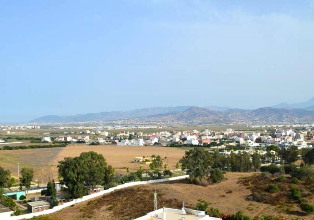 A residential area with houses, a large open field, and distant mountains.