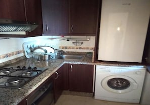 Fridge, oven, stovetop, cookware/dishes/utensils