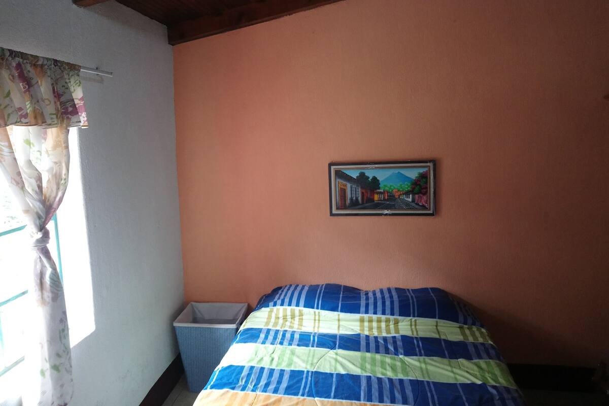 A bedroom with a bed, a trash bin, a window with curtains, and a framed picture on the wall.