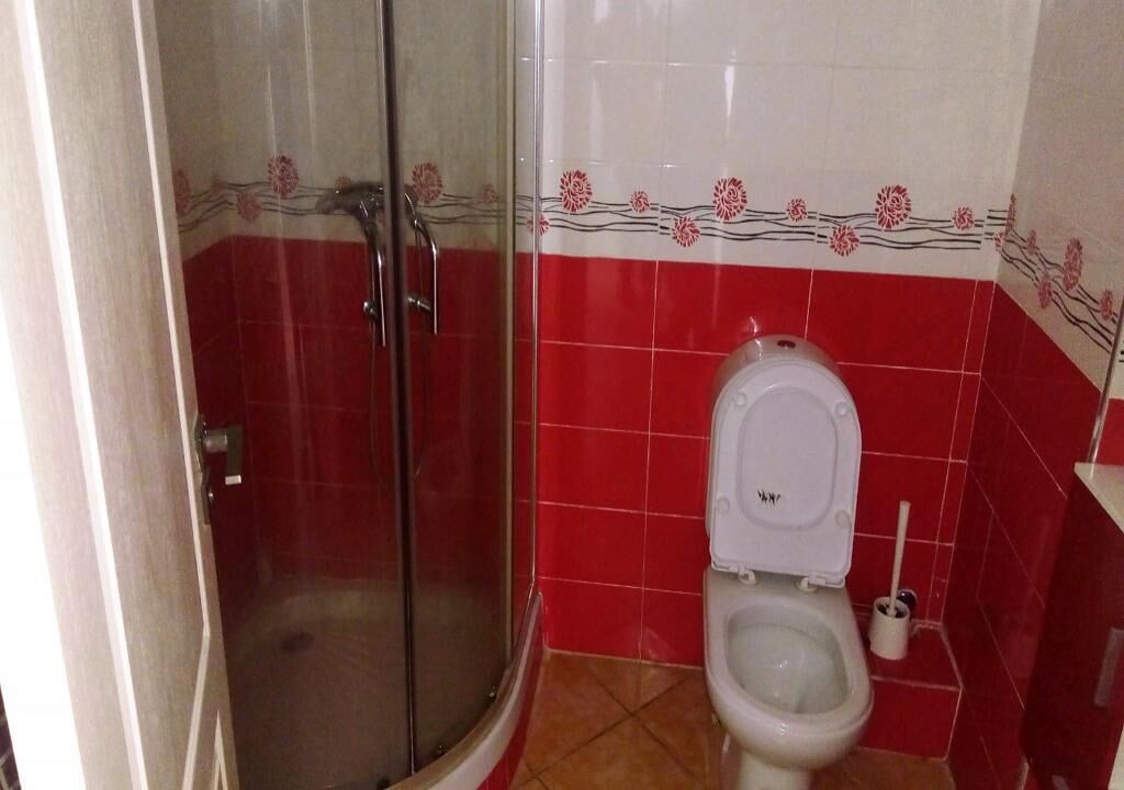 Ein Badezimmer mit einer Duschkabine, einer Toilette und roten Fliesenwänden.