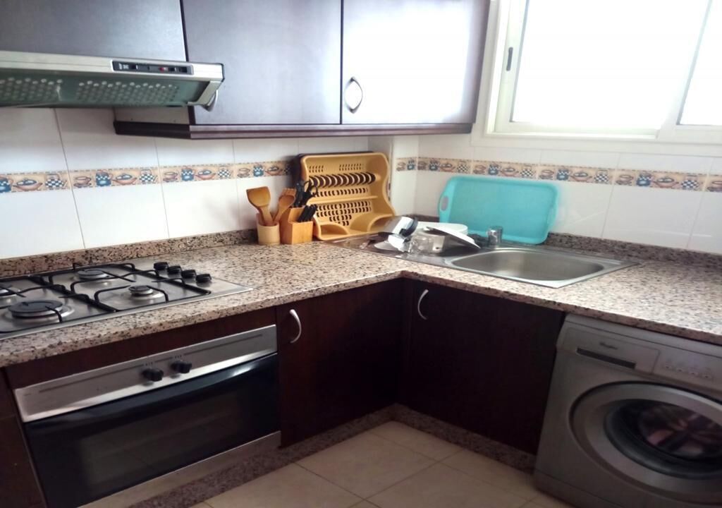 Una cocina equipada con estufa a gas, horno, lavaplatos y lavadora.