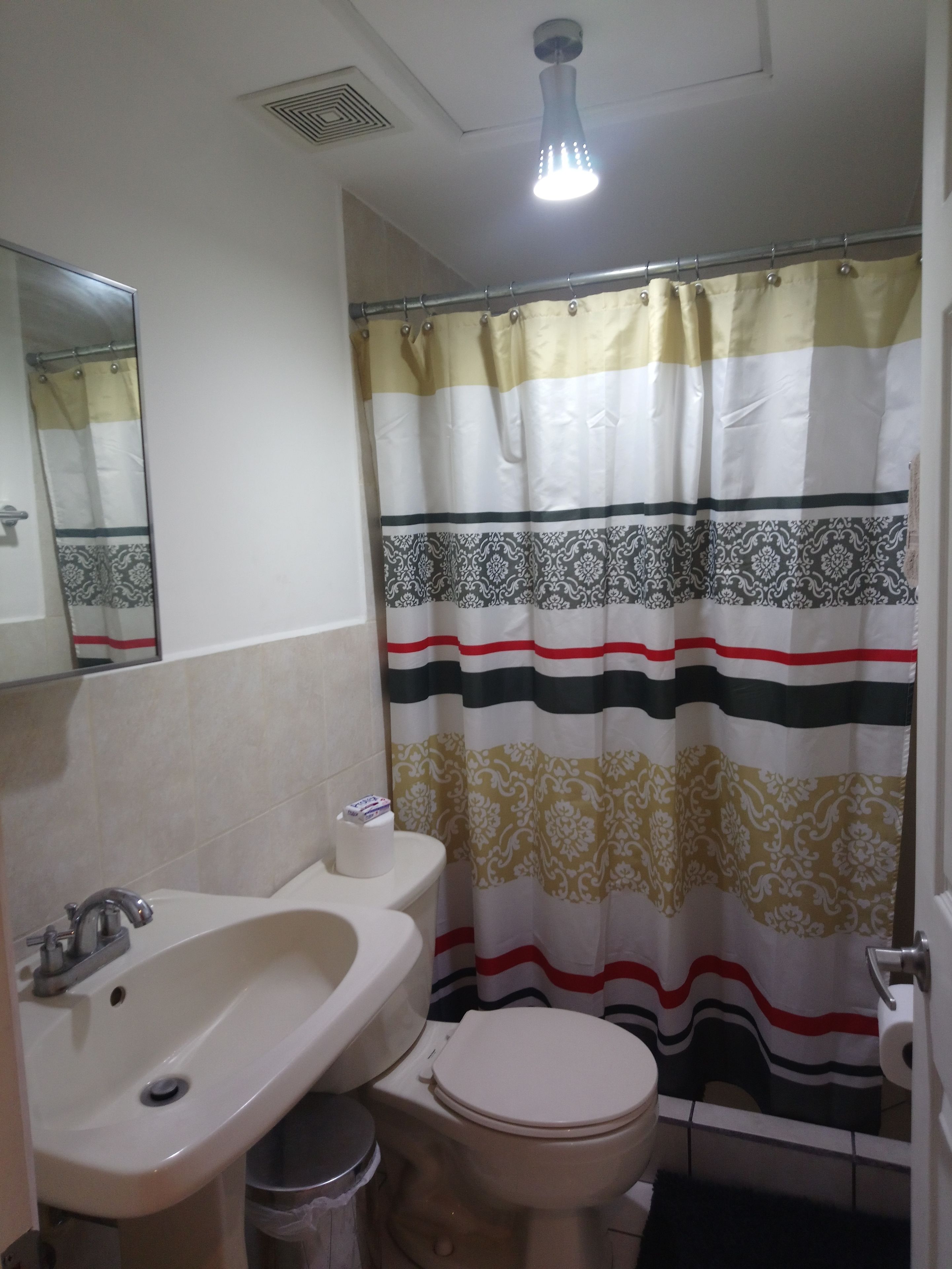 A bathroom with a sink, toilet, and shower curtain.
