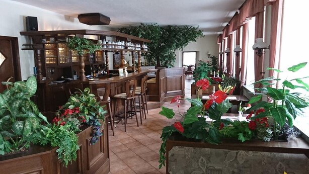 A bar area with wooden furniture, a tiled floor, and potted plants. - Gaststätte und Pension Erbgericht (Großhartmannsdorf)