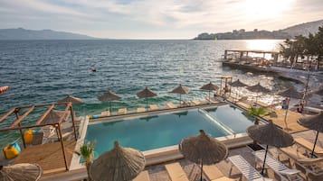 Seasonal outdoor pool, pool umbrellas