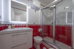 Shower, hair dryer, bidet, towels