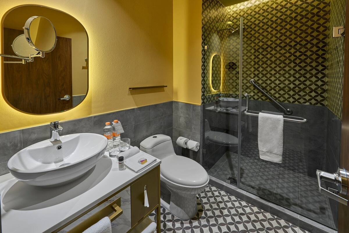 shower, rainfall showerhead, free toiletries, hair dryer