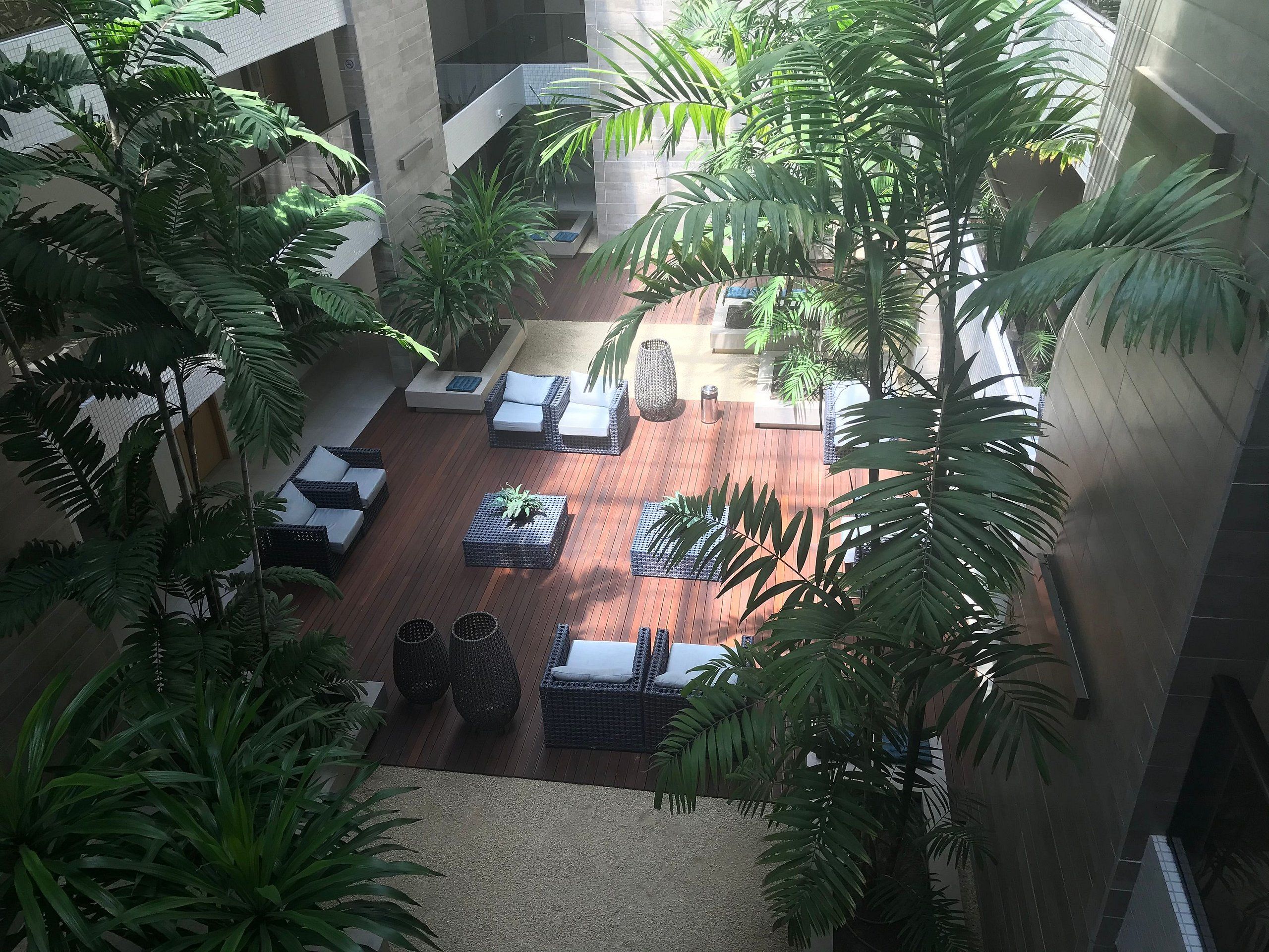 Terraza con asientos al aire libre, plantas en macetas y vistas de los edificios circundantes.
