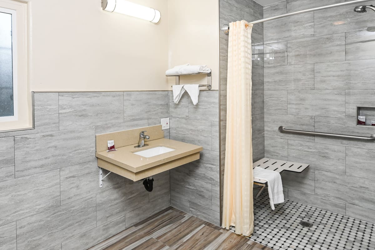 deluxe room, 1 king bed | bathroom | shower, free toiletries, hair dryer, towels