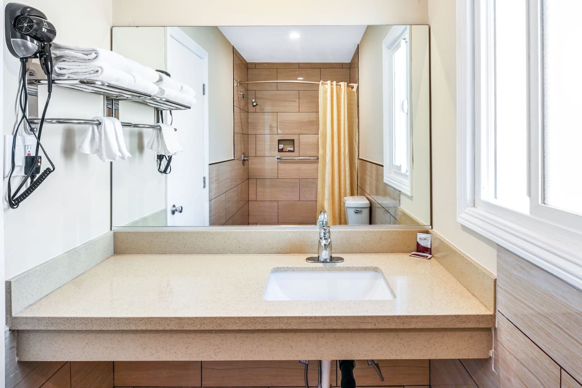 shower, free toiletries, hair dryer, towels