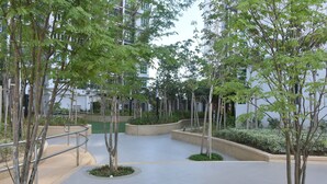 Une cour spacieuse, agrémentée de nombreux arbres et traversée par une allée centrale.