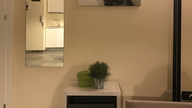 Quarto com um espelho grande, um retrato emoldurado na parede, uma mesinha de apoio com uma planta, um sofá e um abajur.