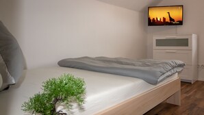 Ein schlicht eingerichtetes Schlafzimmer mit einem Bett, einer kleinen Pflanze und einem Fernseher, der eine Stadtansicht zeigt.