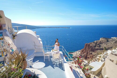 SantoriniParadise: SUNSET APARTMENT, Panoramablick auf den Sonnenuntergang von der Terrasse!