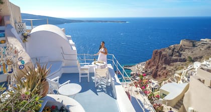 SantoriniParadise: SUNSET APARTMENT, Panoramablick auf den Sonnenuntergang von der Terrasse!