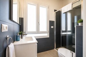 Shower, hair dryer, towels, shampoo