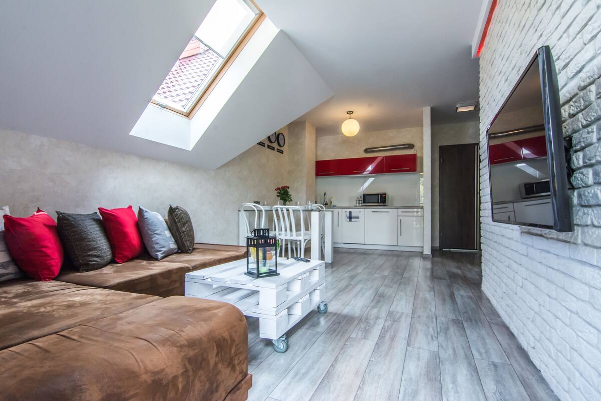 A modern loft-style apartment with a loft bed, a dining area, and a kitchen.