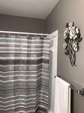 Combined shower/tub, hair dryer, towels, soap