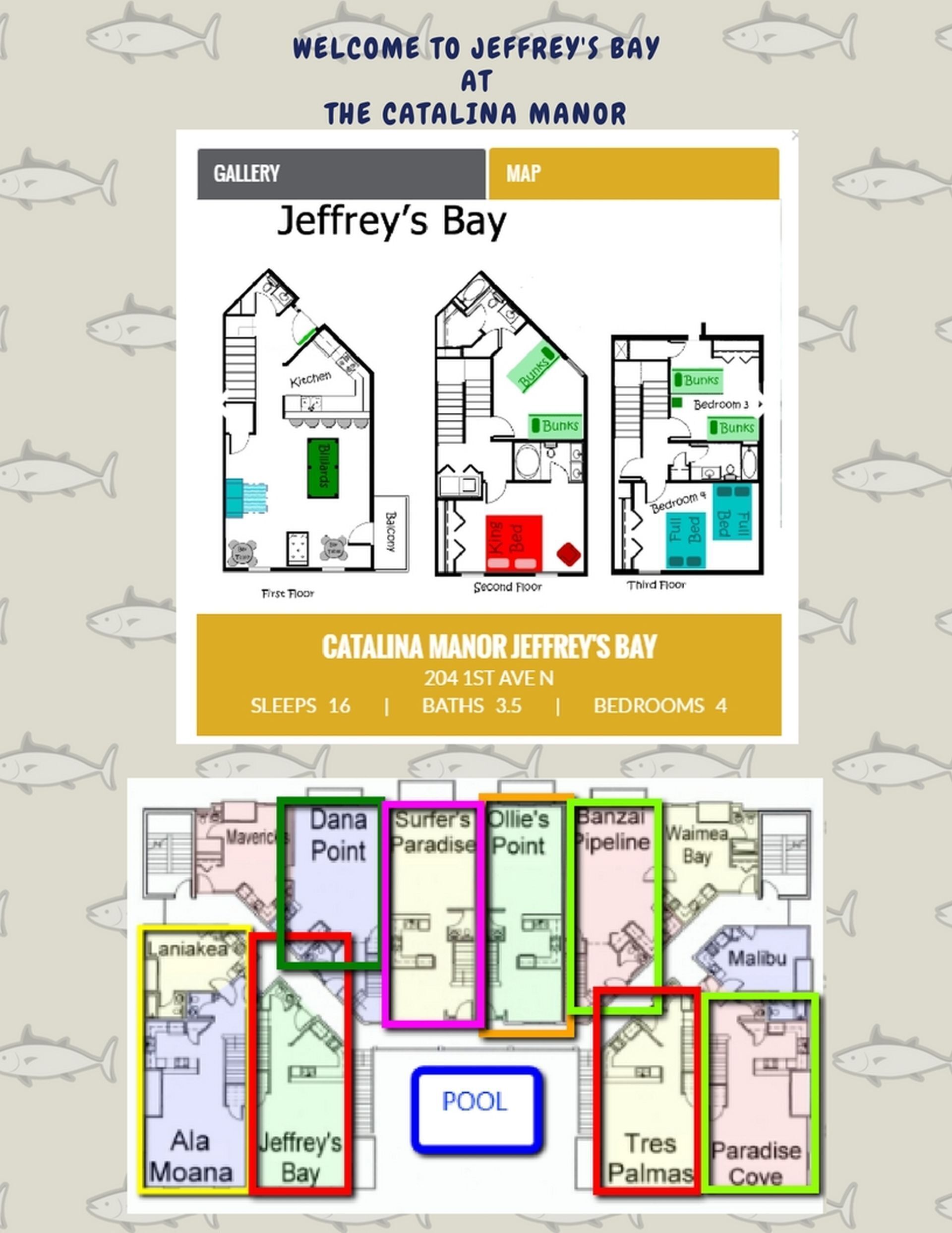 Grundriss eines Hotels mit 16 Schlafzimmern, 3,5 Bädern und 4 Schlafzimmern im dritten Stock.