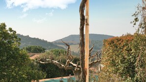 Paesaggio montuoso con un albero in primo piano e un edificio sullo sfondo.