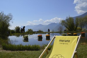 Un cadre paisible au bord d’un lac, avec une chaise portant l’inscription « Festival des fleurs de Merang » au premier plan, une statue de cheval et des personnes à l’arrière-plan.