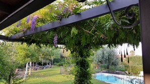 A garden with a pergola covered in greenery and purple flowers, a swimming pool, and a stone wall in the background. - Luxury Villa with Large Pool, Vineyard, Views of the Sea, Taormina  and Mt.Etna (Acireale)