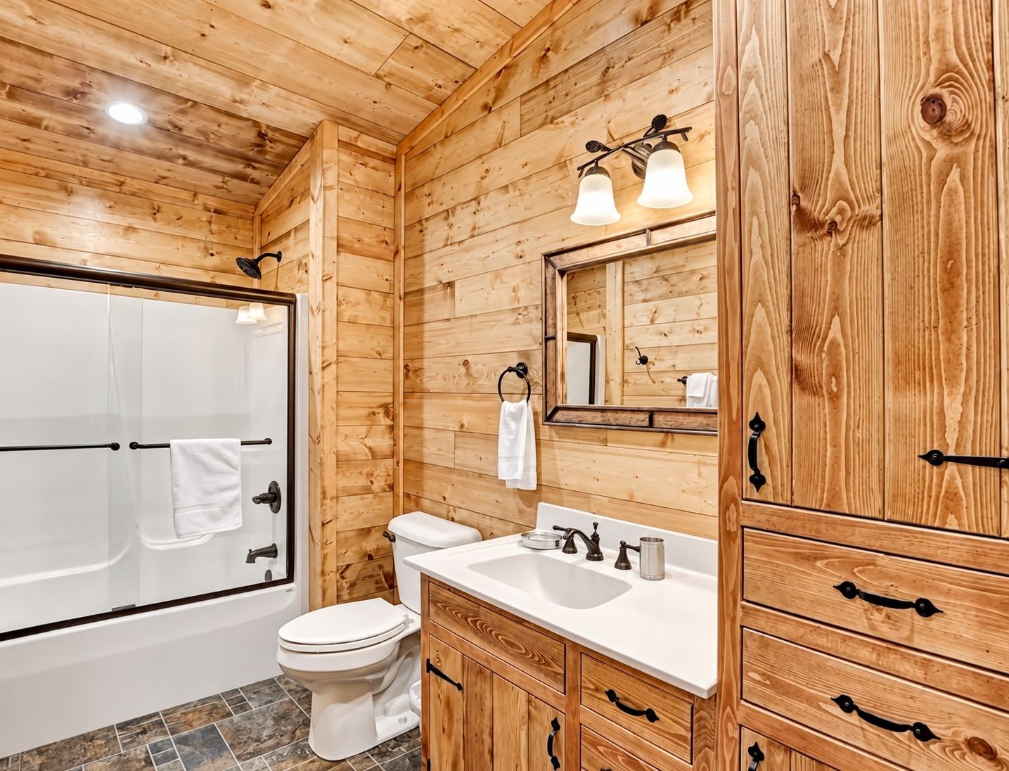 A wooden-paneled bathroom with a bathtub, toilet, sink, and vanity.
