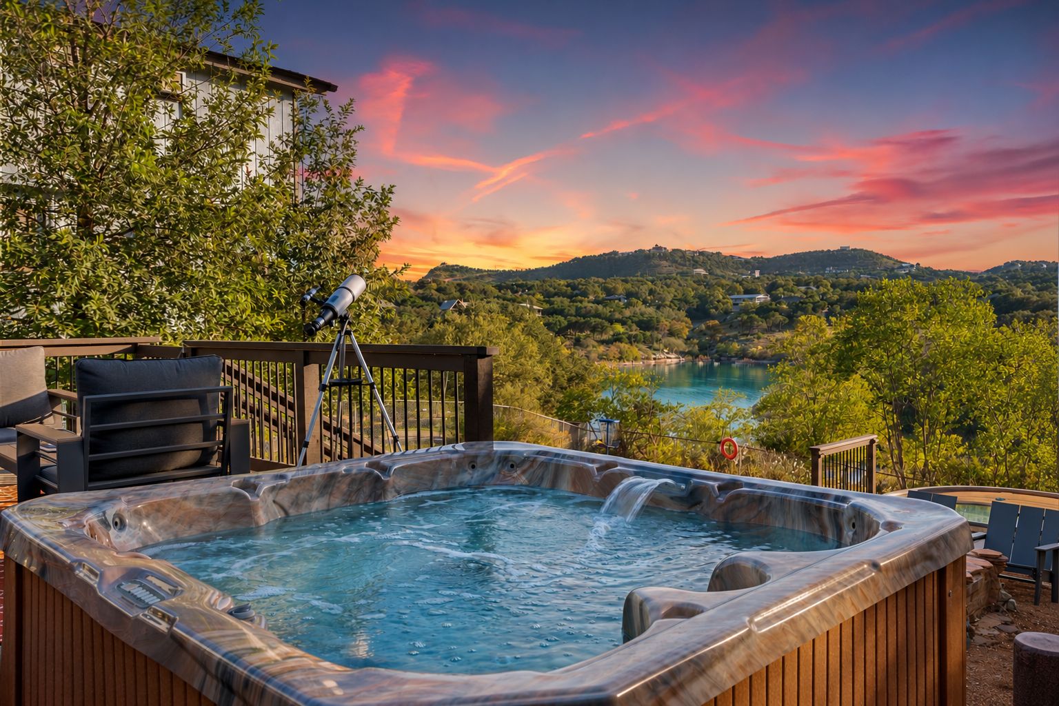 Un jacuzzi con caída de agua, un telescopio y una vista panorámica de un lago y montañas.