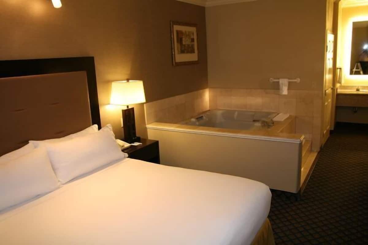 A hotel room with a bed, a bedside lamp, a large bathtub, and a bathroom with a mirror.