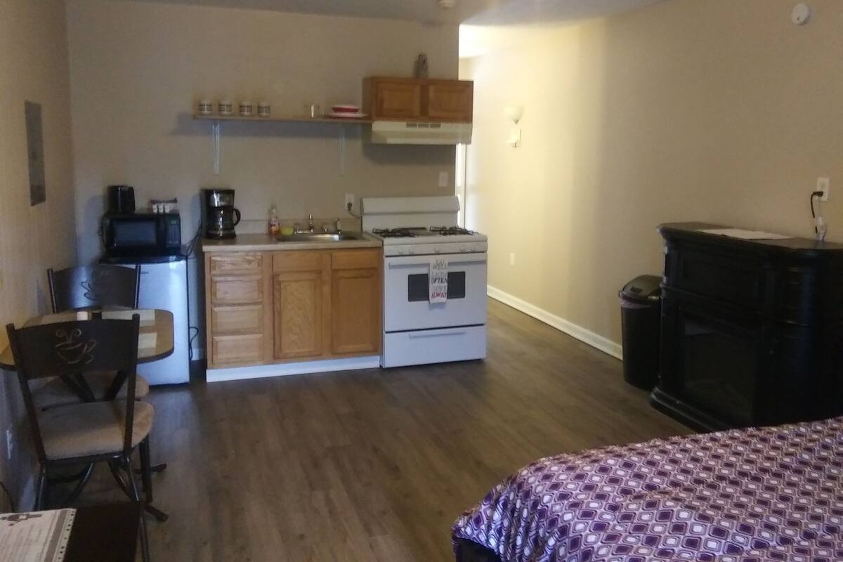 Basic Studio, 1 Queen Bed | Private kitchenette | Coffee/tea maker, fridge, microwave, oven