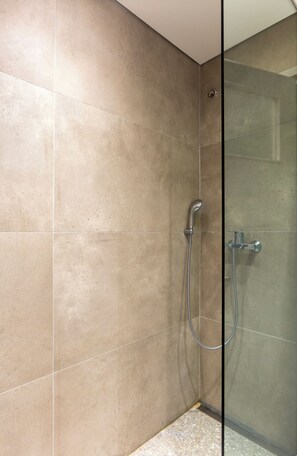 Douche, séchoir à cheveux, serviettes fournies, savon