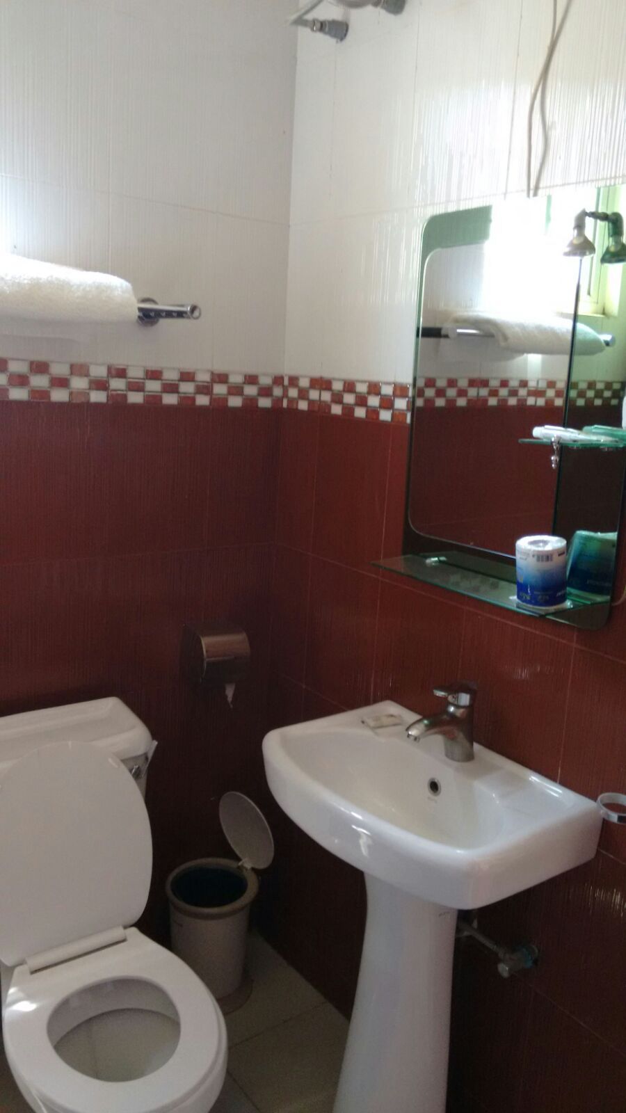 Un baño con inodoro, lavamanos, espejo y cubo de basura.