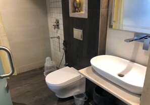 Shower, designer toiletries, hair dryer, bathrobes