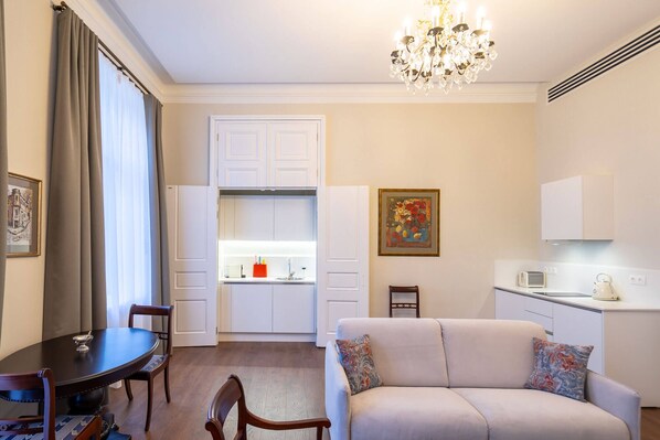 Presidential Apartment, 1 King Bed with Sofa bed, City View | Private kitchen | Full-sized fridge, microwave, stovetop, espresso maker - Tiflis Opera Aparthotel (Tbilisi)