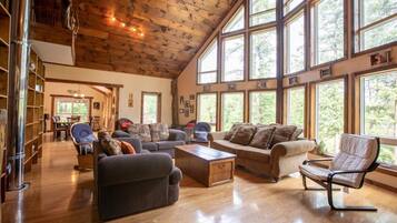 Televisio, takka, työhuone