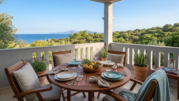 A round wooden table set for two with plates, glasses, and a bowl of fruit on a balcony overlooking a scenic landscape with trees and a view of the sea.