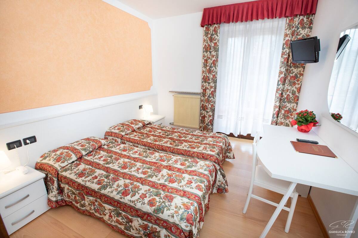 A bedroom with two beds, a desk, a chair, a TV, and a radiator.
